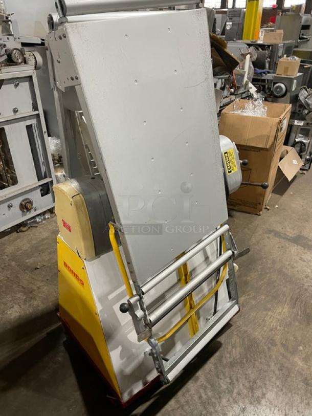 Seewer Rondo SS064C reversible dough sheeter, yellow, electric, fold-up conveyor, on casters, SN: A6019004.