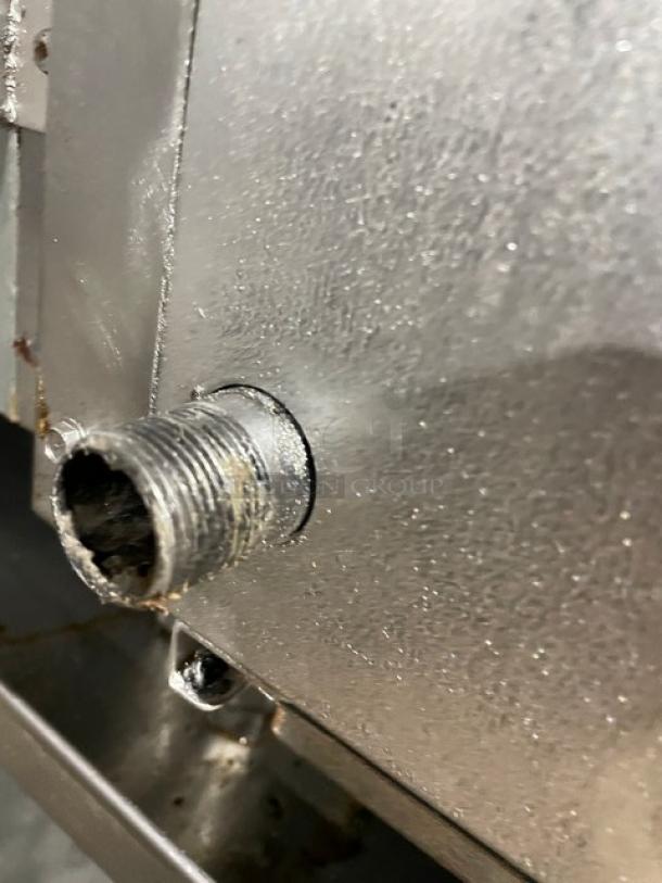 Apexra stainless steel gas-powered countertop char broiler with back and side splash, shown on legs; close-up detail of gas inlet.