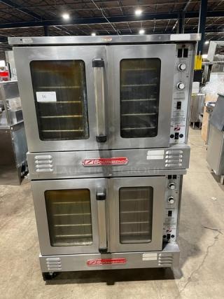 Southbend SL-Series stainless steel double stacked convection oven, gas powered, thermostat control, wired rack, on casters.