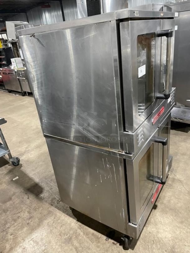Southbend SL-Series stainless steel gas double convection oven, thermostat control, with rack, on casters, used condition.