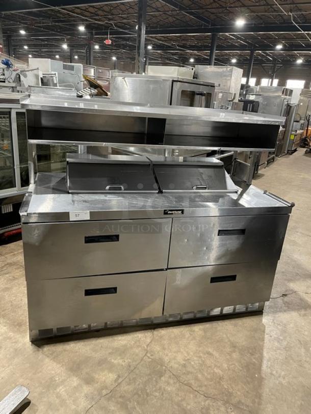 Delfield stainless steel 4 drawer refrigerated prep table, model UCD4464N12DD5, with overhead storage, commercial-grade.