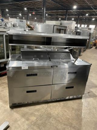 Delfield stainless steel 4 drawer refrigerated prep table, model UCD4464N12DD5, with overhead storage, commercial-grade.