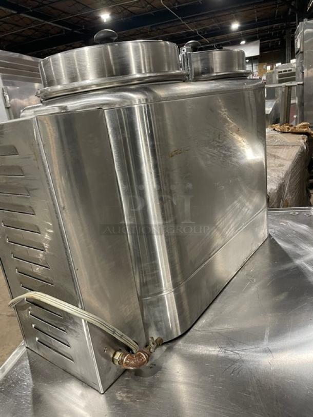 Curtis RU300 electric countertop coffee urn, stainless steel, twin 3-gal capacity, push button, Model RU300, SN: 2662, 110V.