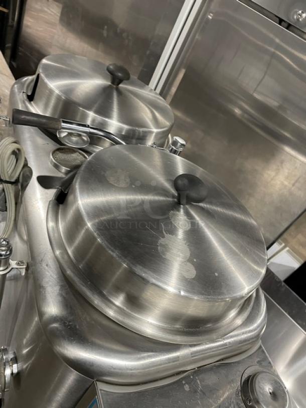 Curtis RU300 commercial stainless steel twin 3-gal. coffee urn; electric-powered, push button, used condition, 110V.