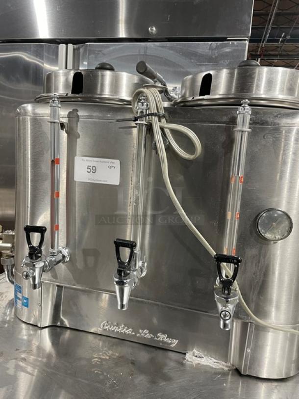 Curtis RU300 stainless steel electric coffee urn, twin 3-gal capacity, push button, model RU300, SN 2662, 110V, good condition.