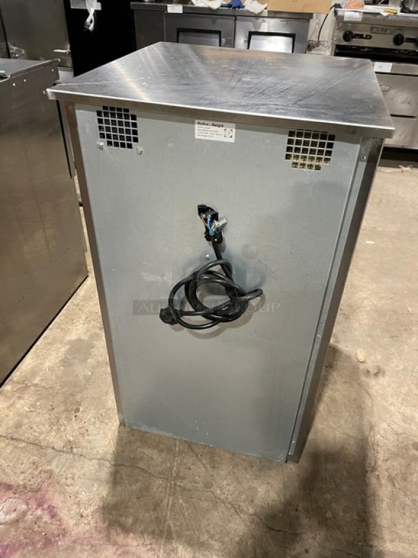 Rofco B40 commercial stainless steel 3-deck stone bread oven, electric powered, 230V, late model 2020, back view.