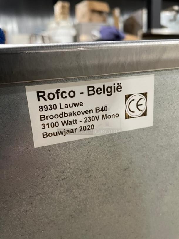 Rofco B40 commercial bread oven, 2020 model, stainless steel, 3-deck, 230V, features visible label with specs and CE mark.