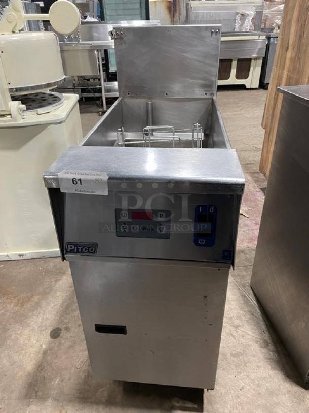 Pitco SRTE stainless steel electric pasta cooker, 16.5-gal capacity, with backsplash, digital controls, 208V, on legs.