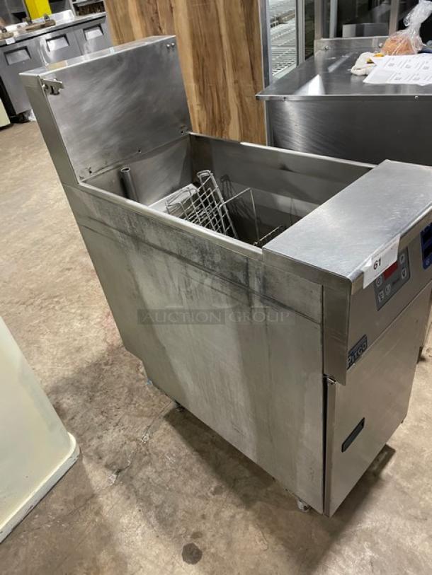 Pitco SRTE Stainless Steel Pasta Cooker, 16.5-Gal, Electric, Digital Control, Back Splash, Model E11HA033687, on Legs.