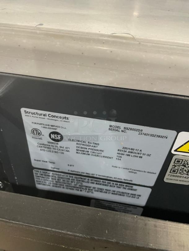 Structural Concepts SBZ6652DR commercial refrigerated display case label, 220V, NSF certified, SN: 2374513DZ393274.