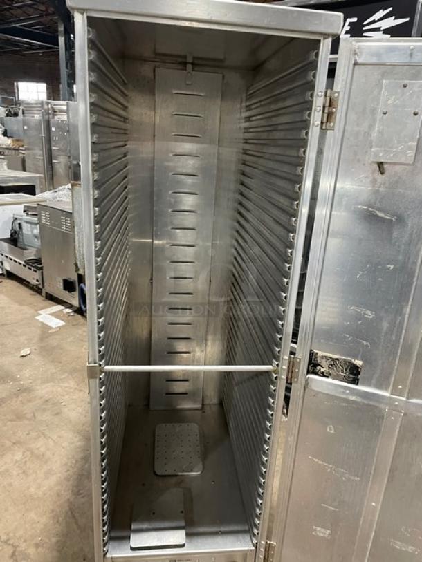 Cres-Cor commercial full-height heated holding/proofing cabinet, built-in pan slides, 110-120V 1 phase, on casters, metal finish.