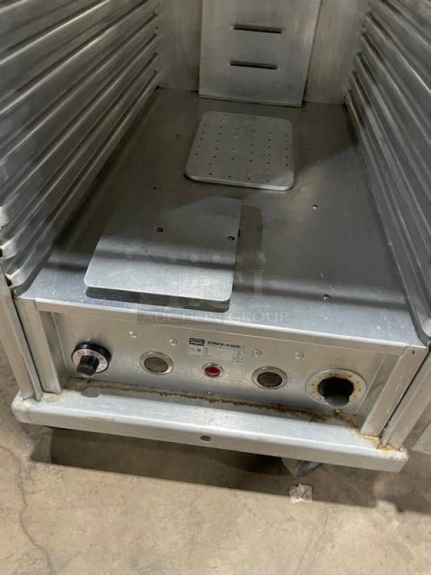 Cres-Cor commercial electric heated holding/proofing cabinet, full-height, built-in pan slides, on casters, model tag visible.