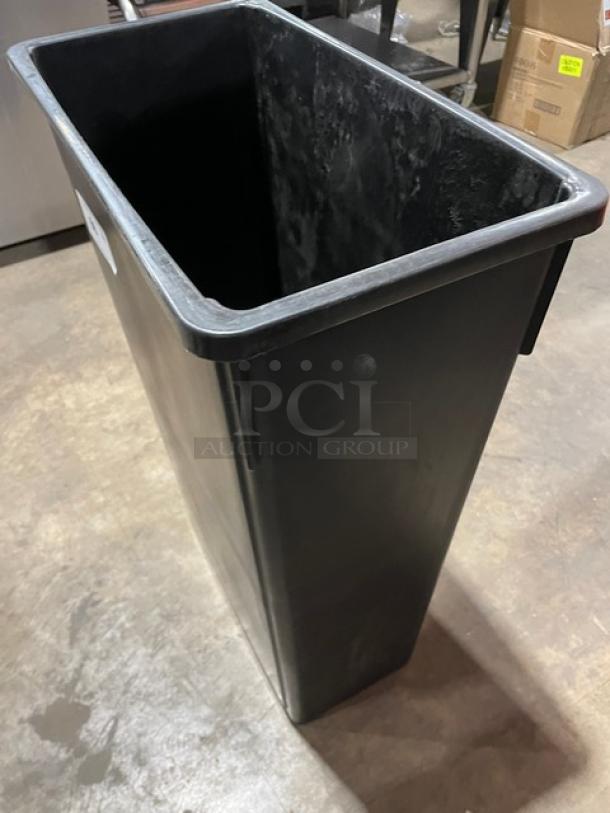 Winco Commercial Black 23-Gal. Rectangular Trash Can, Model PTC-23K, new condition, slender design.