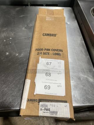 Cambro H-Pan Series commercial amber high heat 1/2-size long food pan lid, model 20LPHPC150, in original packaging.