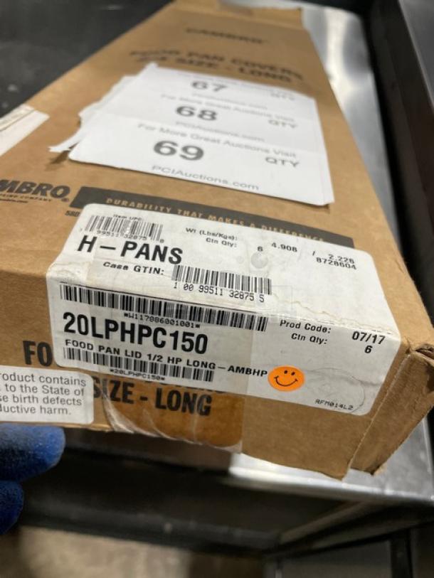 Cambro H-Pan Series Commercial Amber Food Pan Lid, Model 20LPHPC150, new in box. High heat, 1/2-size, long, durable.