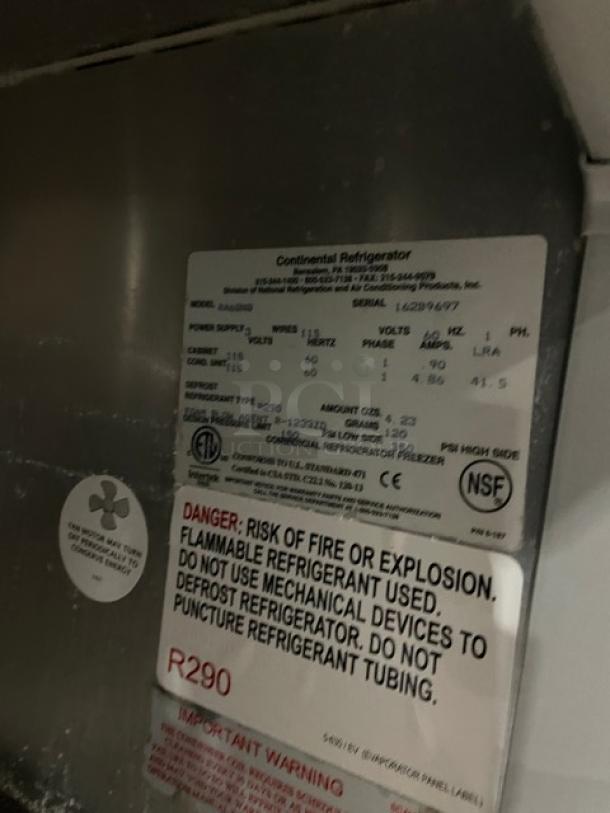 Continental Commercial Stainless Steel Refrigerated Prep Table, Model RA68NB. Features poly-coated rack, on casters, 115V, 1 Phase. Serial: 162B9697. NSF certified.