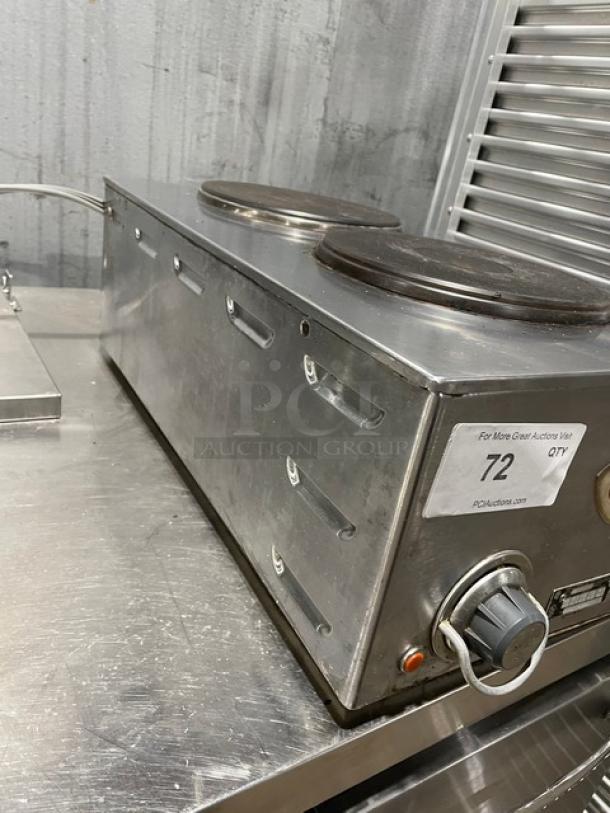 Wells H70 stainless steel 2-burner hotplate with individual controls, electric-powered, 208-240V, model H70, SN: H7700717A0001.