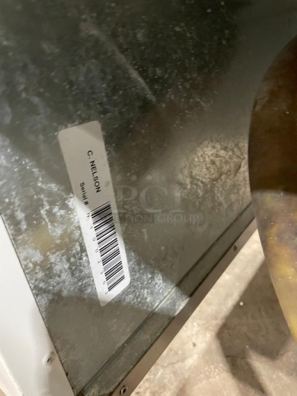 Commercial white curved glass 46" ice cream/frozen yogurt dipping cabinet with rear lift-open access, SN: N1902303, C. Nelson label visible.