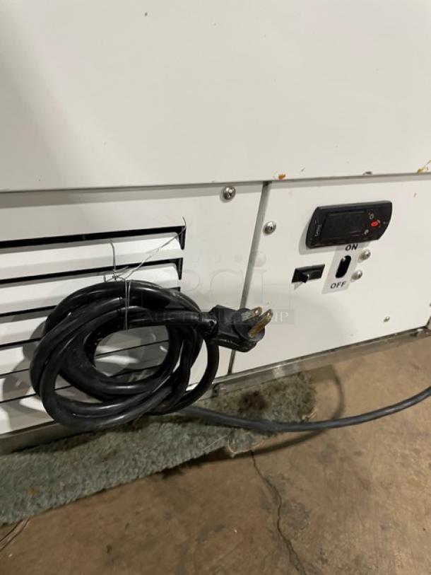 Commercial white 46" ice cream dipping cabinet, curved glass, rear lift-open access, SN: N1902303, used condition.