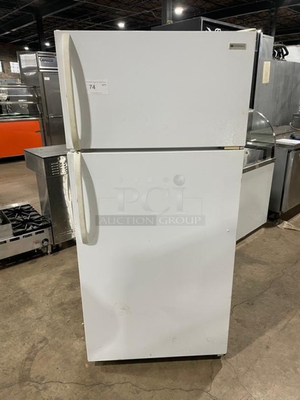 Frigidaire Commercial white top-freezer/refrigerator combo, model MRT18DNEW0. Features poly-coated wire racks, pull-out drawers. 115V.