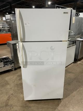 Frigidaire Commercial white top-freezer/refrigerator combo, model MRT18DNEW0. Features poly-coated wire racks, pull-out drawers. 115V.