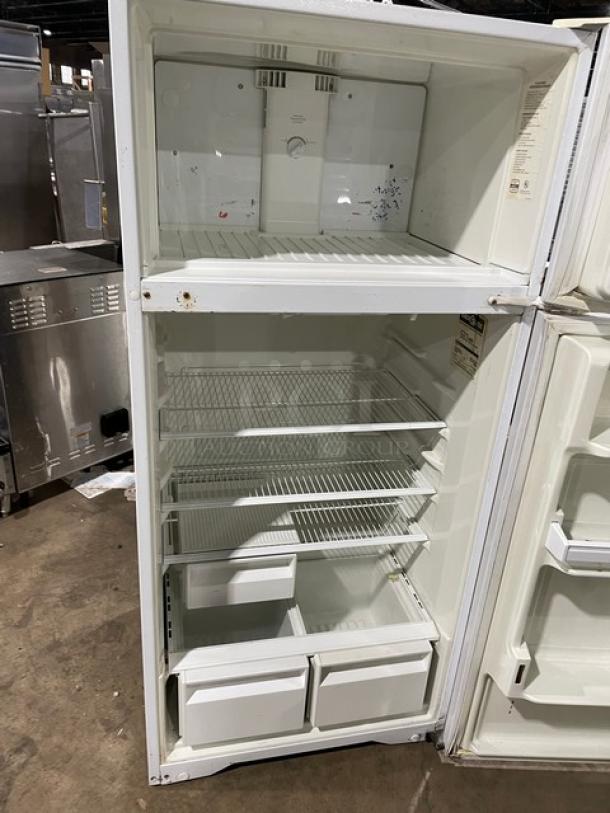 Frigidaire Commercial white top-freezer/refrigerator combo, Model MRT18DNEW0, with poly coated wire racks, pull-out drawers.