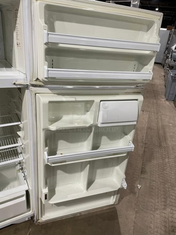 Frigidaire Commercial white top-freezer/refrigerator, Model MRT18DNEW0, with poly coated wire racks, pull-out drawers.