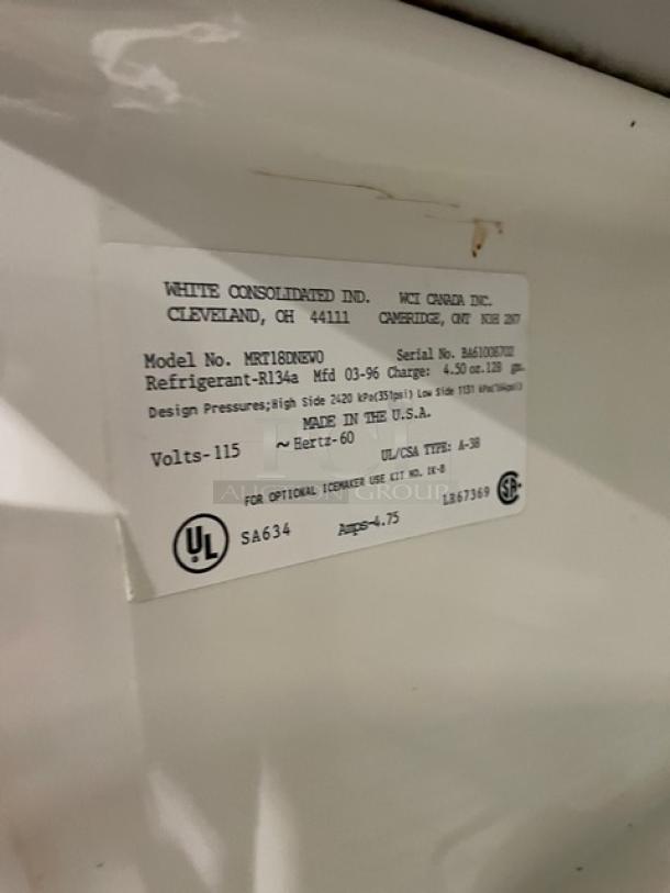 Frigidaire Commercial Top-Freezer/Refrigerator, Model MRT18DNEW0, 115V, with poly coated wire racks and pull-out drawers.