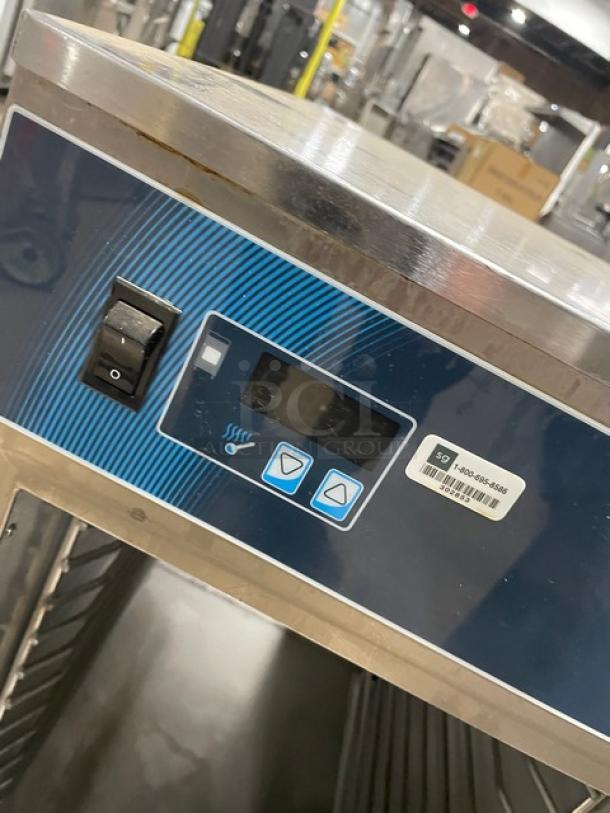 Alto-Shaam 500S stainless steel heated holding cabinet, 2019 model, digital controls, built-in pan rack, on casters.