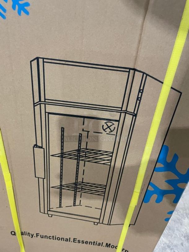 New ProCool T80L commercial black single glass door countertop upright merchandiser display refrigerator in packaging.