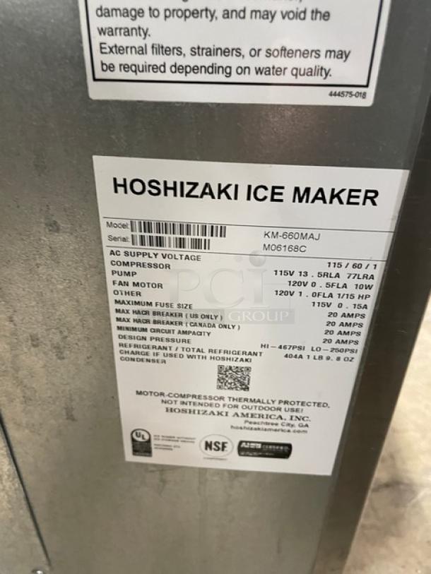 Hoshizaki KM-660MAJ ice maker label, showing model, serial number M06168C, 115V, 1 phase, stainless steel, commercial use.