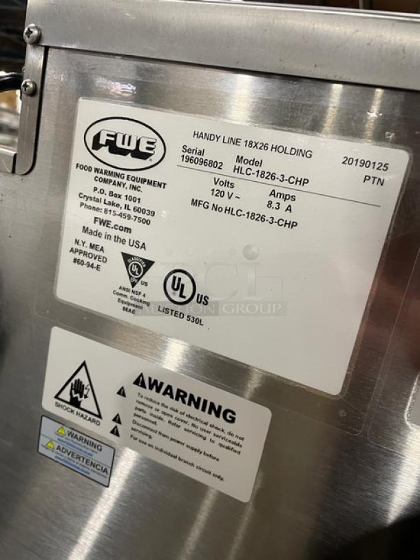FWE HLC-1826-3-CHP countertop heated holding cabinet, stainless steel, 3-pan capacity, label shows 120V, 8.3A, serial 196096802.