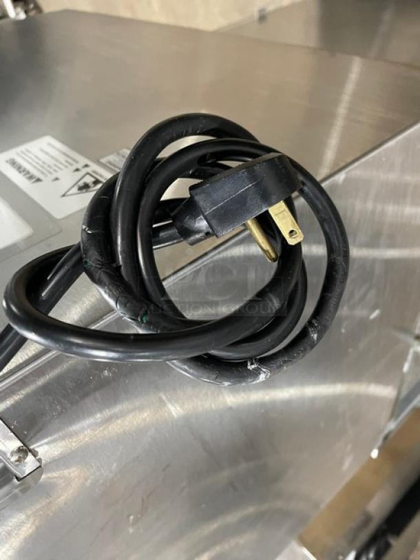 FWE HLC18263CHP heated holding cabinet, stainless steel, electric, countertop, 3-pan capacity, 120V, power cord shown.