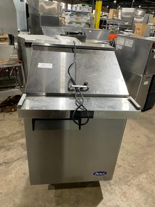 Atosa 2021 stainless steel single door refrigerated prep table, model MSF8305GR, on casters with poly coated rack.
