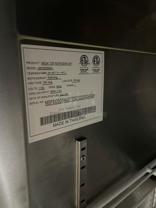 Atosa 2021 Commercial Stainless Steel Refrigerated Prep Table, Model MSF8305GR, with poly-coated rack and casters, 115V 1 Phase.