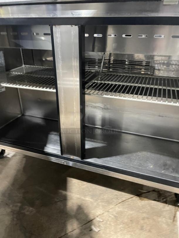 Turbo Air MST-48-N refrigerated bain marie prep table, stainless steel, two-door, poly-coated rack, on casters, 115V.