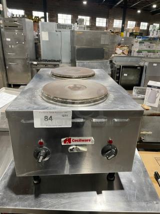 Cecilware commercial stainless steel dual burner hot plate, electric powered, countertop model, on legs, visible controls.