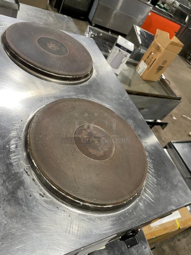 Cecilware stainless steel dual burner hot plate, electric, countertop model on legs, used condition, visible wear.