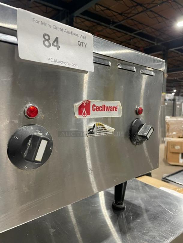 Cecilware Commercial Stainless Steel 2 Burner Hot Plate, electric, countertop, with control knobs and indicator lights. On legs.