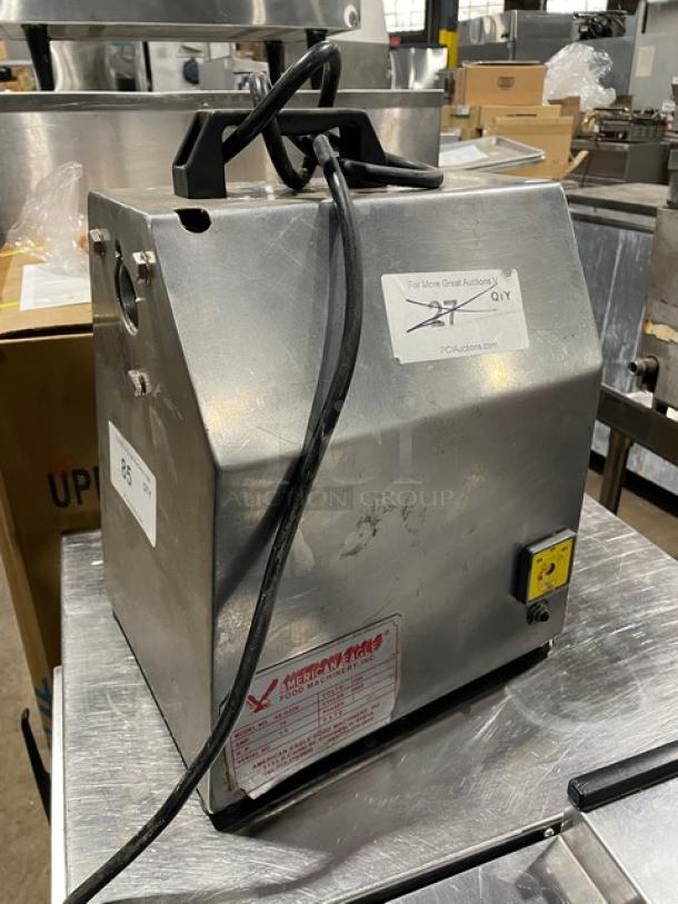 American Eagle AE-G22N stainless steel bench meat grinder, electric, 115V, on legs, used condition, model label visible.