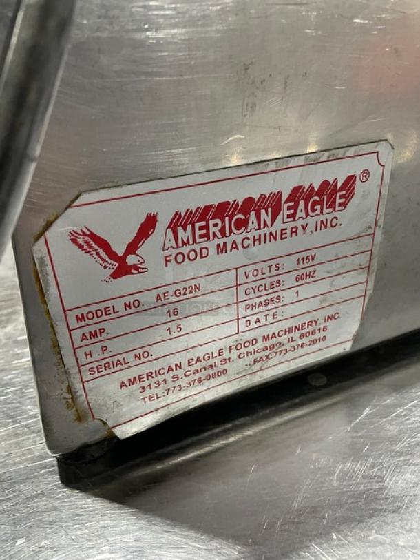 American Eagle AE-G22N stainless steel meat grinder, 115V, 1-phase, commercial use, label shows model and specs.