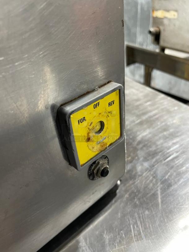 American Eagle AE-G22N stainless steel meat grinder, electric bench model, showing control switch, 115V, 1 Phase.