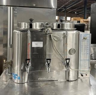 Curtis RU300 stainless steel electric countertop coffee urn, twin 3-gal capacity, push-button, SN: 2662, 110V, good condition.