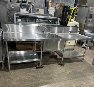 Custom stainless steel sink worktop table with backsplash, swivel spout faucet, dual-sided undershelf. Excellent condition.