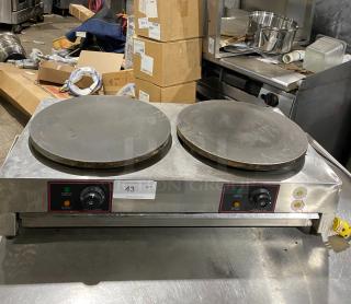 Commercial stainless steel electric countertop double crepe maker, Model DE-2, 110V, with dual cooking surfaces in used condition.