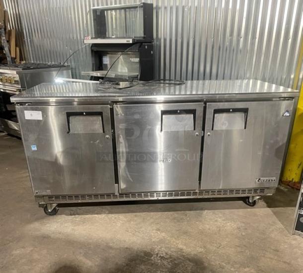 Everest ETBR3 stainless steel 3-door undercounter refrigerator, poly coated rack, on casters, 115V, S/N BTBR317030062.