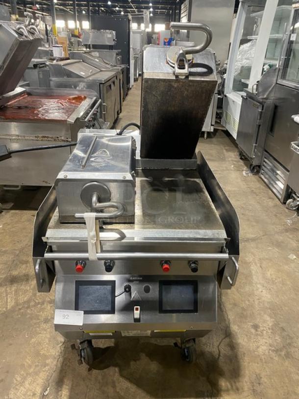 Taylor L81922 stainless steel double platen griddle, 24" dual-sided, programmable controls, natural/propane gas & electric, on casters.