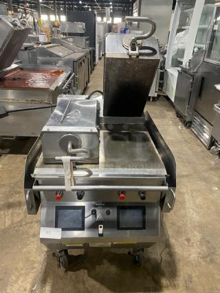 Taylor L81922 stainless steel double platen griddle, 24" dual-sided, programmable controls, natural/propane gas & electric, on casters.