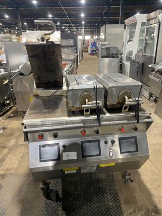 Taylor L81123 stainless steel flat griddle, triple platen, 3-lane, dual-sided, programmable controls, on casters.