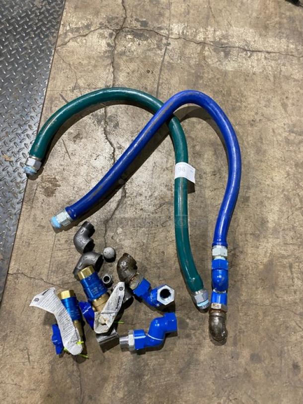 Dormont commercial gas connectors, assorted. Includes two flexible hoses and various fittings. Used condition, visible wear.